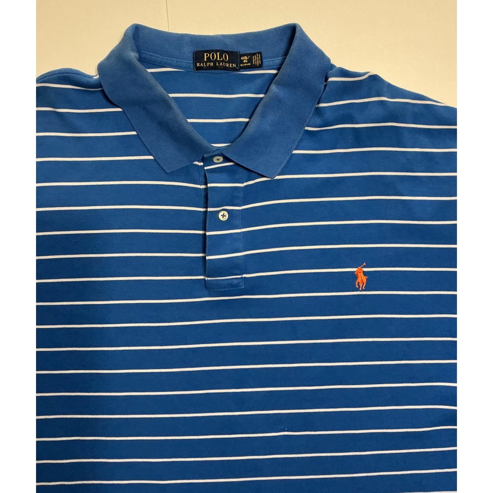 Polo Ralph Lauren Men 4XB Blue White Striped Short Sleeve Polo Shirt Orange Pony - Picture 5 of 5